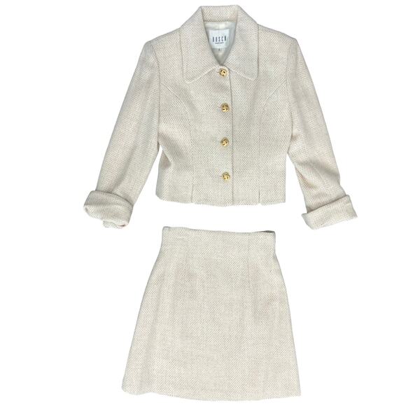 Bosch White Beige Cream Gold Button Luxury Regal Tweed Skirt Suit size 6 / L - Picture 2 of 13